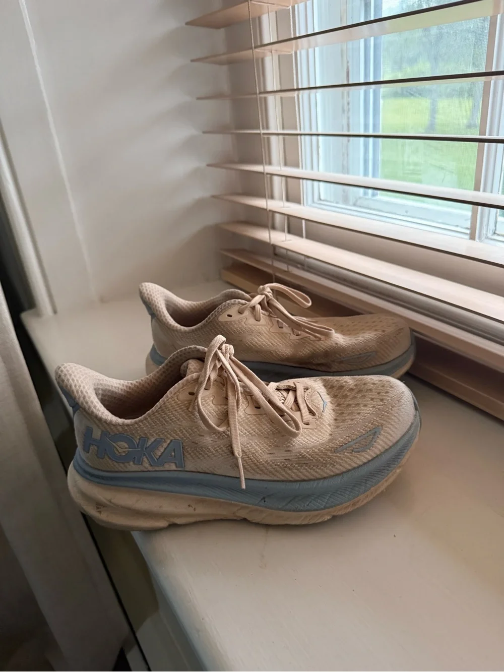 HOKA Clifton Women's Running Shoe in Beige with Light Blue Trim (Alabaster) 6.5